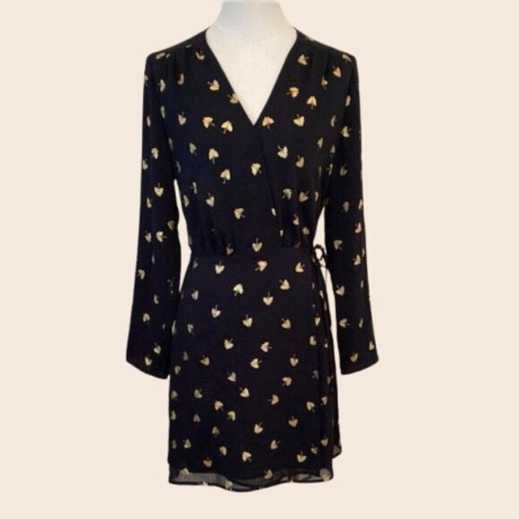 & Other Stories Black and Gold Leaf Print Long Sleeve Wrap Mini Dress Size 2 - Picture 1 of 13
